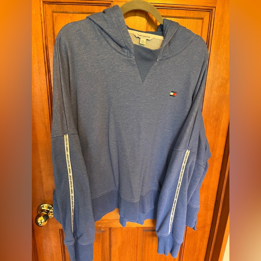 Tommy Hilfiger Sport Logo Tape Hoodie Blue Cropped Pullover Women’s XXL